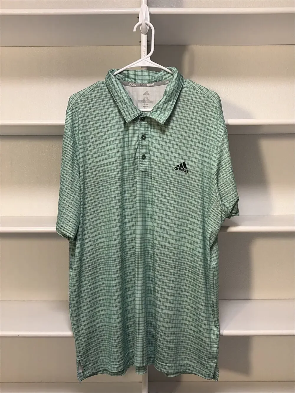 Adidas Polo Shirt Mens XXL Green Plaid Cear Short Sleeve Rugby Golf Collared